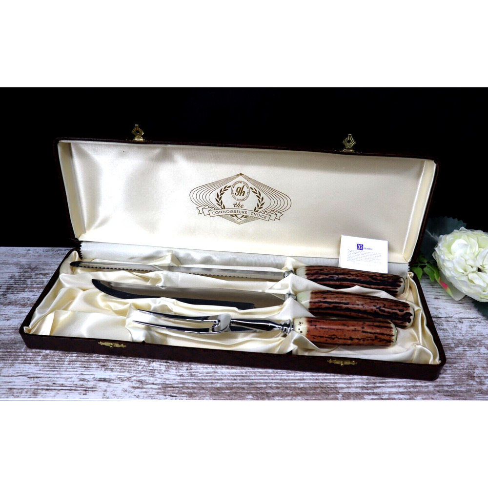 Vintage Glo-Hill Stagmaster Warranted Cutlery Set Stainless Steel Faux Antler